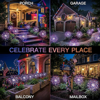 suddus 4th of July Decorations Solar Garden Lights, Upgrade 2Pack 150LED Red White Blue Solar Firework Lights with 8 Modes Outdoor, Starburst Fairy Lights Waterproof Yard for Independence Day Decor
