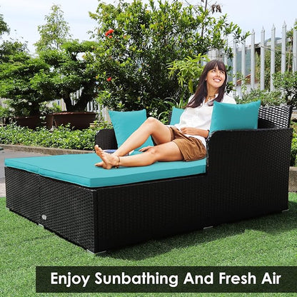 COSTWAY Outdoor Patio Rattan Daybed, Sponge Cushioned Loveseat Sofa with 4 Pillows, Wicker Furniture Sunbed for Balcony, Courtyard (Turquoise)