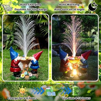 Gnome Statue Solar Garden Decor with LED Lights, Resin Gnomes Figurine and Colour Changing Optical Fiber Solar Light,Outdoor Decorations for Balcony, Patio, Yard, Lawn, Gifts for Women