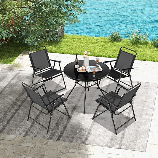 Tangkula Outdoor Folding Chairs Set of 4, Patio Dining Chairs with Breathable Seat & Cozy Armrests, Heavy-Duty Metal Frame, Portable Lawn Chairs for Backyard, Porch, Camping (4, Black)