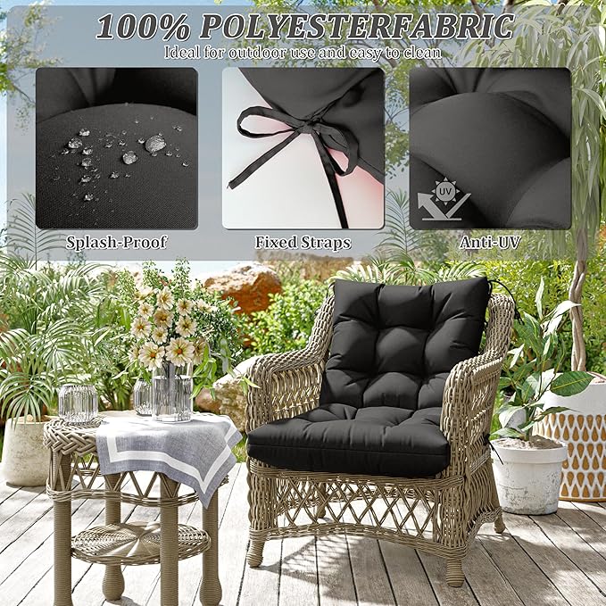 Patio Seat&Back Chair Cushions for Outdoor Furniture，Comfortable Cushions for Rocking/Dining/Lawn Chair-Set of 4 (Black, 4pcs (1package))