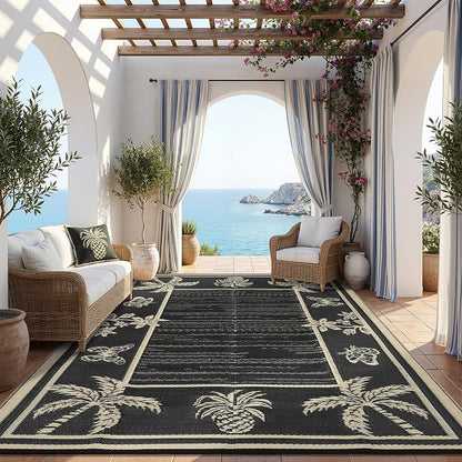 Garvee Outdoor Rug 8x10 Waterproof for Patios, Reversible Plastic Straw Rug, Tropical Leaf Indoor Outdoor Rugs, Large Area Rug for RV, Camping, Deck, Picnic Mat, Outside Carpet