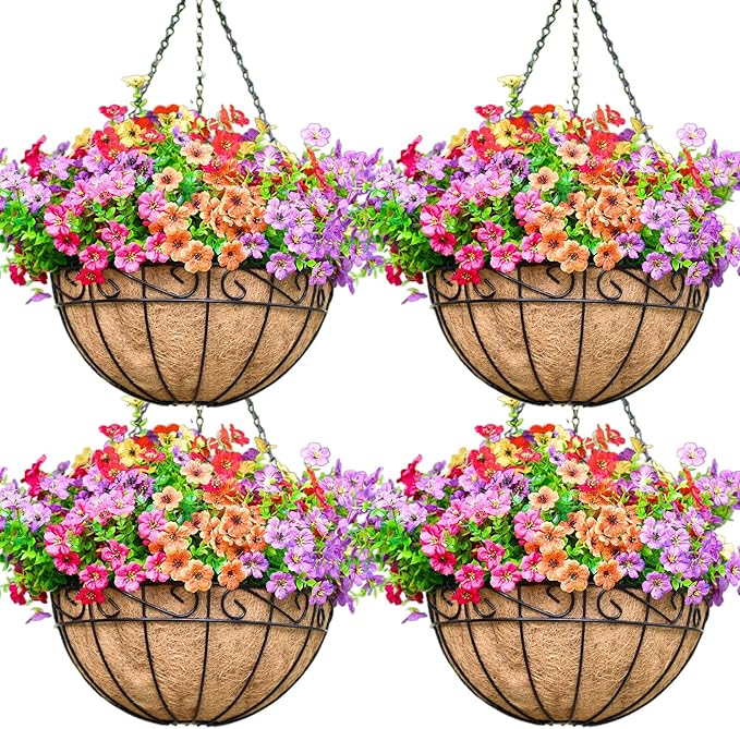 4 Pack 14 Inch Metal Hanging Planter Basket，Natural Round Coconut Hanging Plant Flower Pot，Coconut Coir Planter for Hanging Basket Flowers/Vegetables Home Garden Patio Decoration Flower
