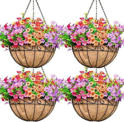 4 Pack 14 Inch Metal Hanging Planter Basket，Natural Round Coconut Hanging Plant Flower Pot，Coconut Coir Planter for Hanging Basket Flowers/Vegetables Home Garden Patio Decoration Flower