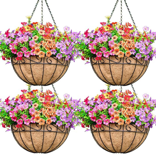 4 Pack 14 Inch Metal Hanging Planter Basket，Natural Round Coconut Hanging Plant Flower Pot，Coconut Coir Planter for Hanging Basket Flowers/Vegetables Home Garden Patio Decoration Flower