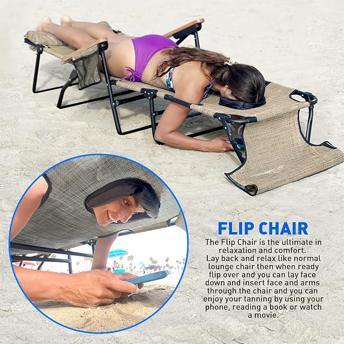 EASYGO PRODUCTS FLIP Face Down Tanning Chaise Lounge Chair with Face & Arm Holes - 4 Legs Support - Textilene Material - 6 Position - Arm Head Rest Pillow - Beach or Home Use