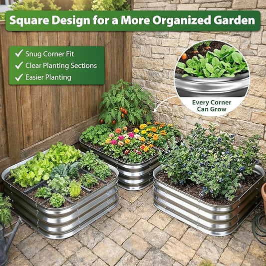 Galvanized Raised Garden Bed 3x3 ft, Heavy Duty Metal Planter Box for Vegetables, Flowers & Herbs, 12" Raised Outdoor Modular Gardening Bed, Above Ground Growing Container, Easy Assembly, Silver