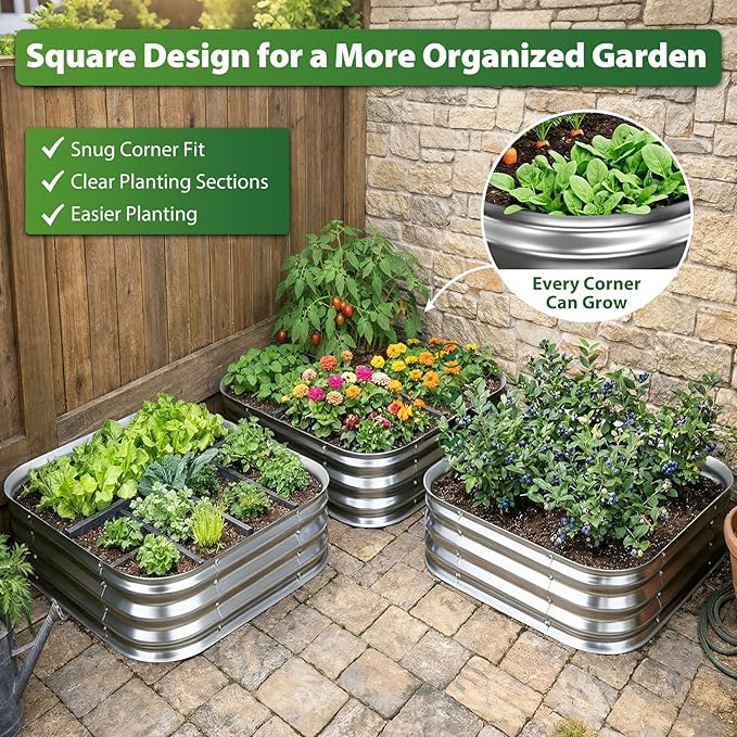 Galvanized Raised Garden Bed, 2x2 ft Heavy Duty Metal Planter Box for Vegetables, Flowers & Herbs, 12" Raised Outdoor Modular Gardening Bed, Above Ground Growing Container, Easy Assembly, Silver