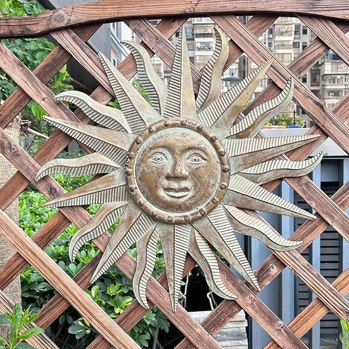 TICKCACY Metal Sun Wall Art Decor Sculpture, 3D Sun Wall Art Decoration Hanging for Outdoor Indoor Garden Farmhouse Yard Patio Living Room Bedroom, 21.65 Inch, Green-gold