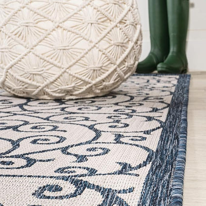 JONATHAN Y Vintage Filigree Indoor Outdoor Runner Rug 2X10 Blue/Cream, Madrid Textured Weave for Backyard, Patio, Porch, Easy-Cleaning, High Traffic, Pet-Friendly, Non-Shedding (SMB107F-210)