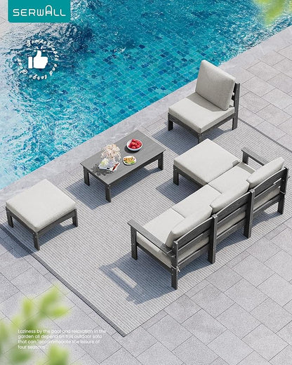 SERWALL 7-Piece Patio Sofa Set, Outdoor Furniture Set, All-Weather HDPE Outdoor Sectional Conversation Set Cushions and Coffee Table, Large Modular Sofas for Garden, Grey Frame with Khaki Cushion