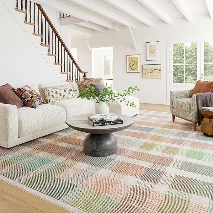 Dash & Albert Chanan Plaid Multi Machine Washable Rug, 6 X 9 Feet, Multicolored/Ivory Plaid Pattern