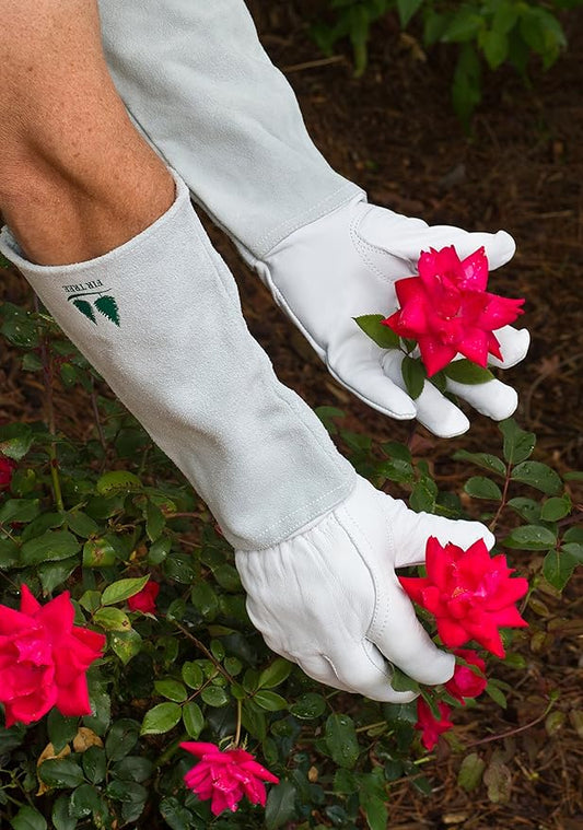 Leather Gardening Gloves by Fir Tree. Premium Goatskin Gloves With Cowhide Suede Gauntlet Sleeves. Perfect Rose Garden Gloves. XL - Men's and Women's Sizes. (See Size Chart Photo)