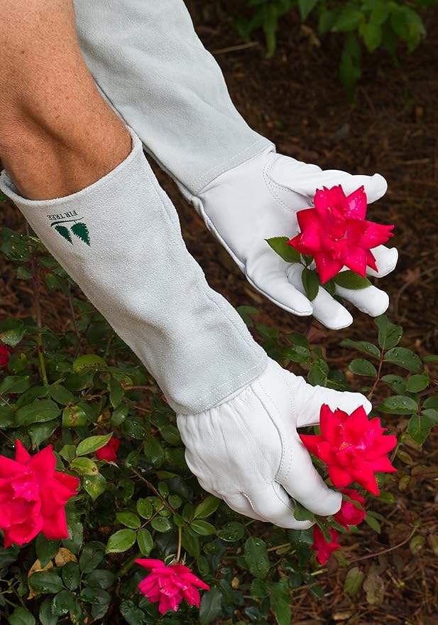 Fir Tree Leather Gardening Gloves for Women & Men - Thorn Proof Goatskin Rose Pruning Gloves with Long Suede Cowhide Gauntlet