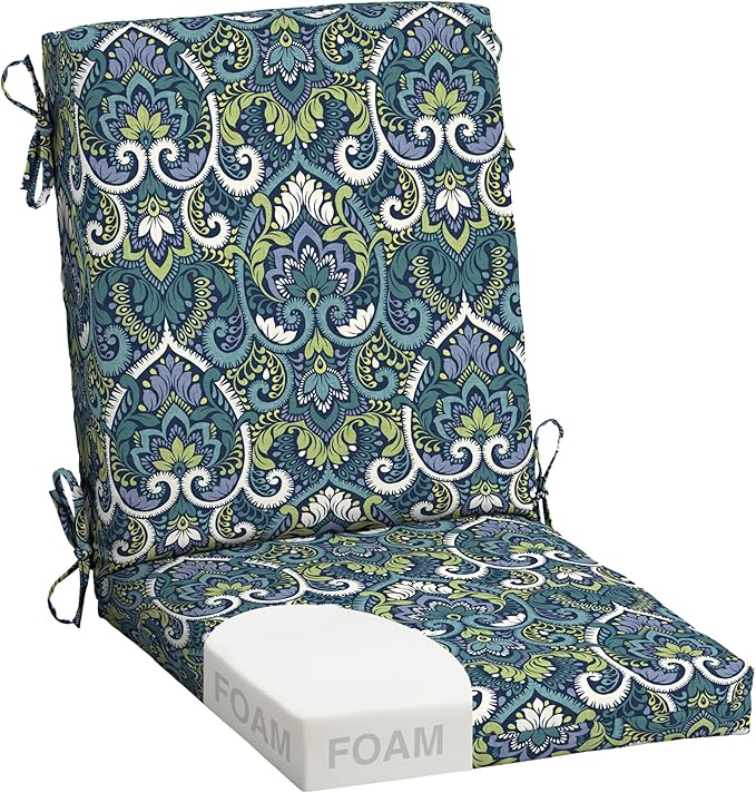 Arden Foam Outdoor Dining Chair Cushion, 20 x 44, Premium High-Density Foam, Never Flattens, Weather-Proof for Outdoor Chairs, Sapphire Aurora Blue Damask