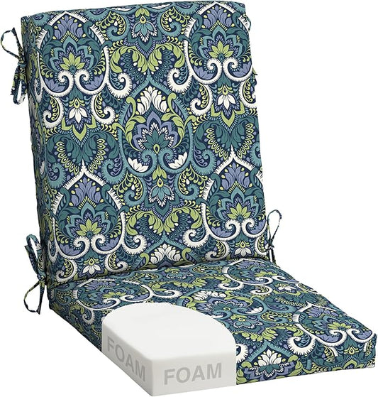 Arden Foam Outdoor Dining Chair Cushion, 20 x 44, Premium High-Density Foam, Never Flattens, Weather-Proof for Outdoor Chairs, Sapphire Aurora Blue Damask