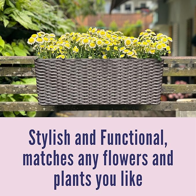LaLaGreen Deck Railing Planter Box (20 Inch, 4 Pack) Brown Rectangular Window Flower Boxes with Bracket, Self Watering System Hanging Planter Box for Outdoor Plant Container Herb Rail Fence Balcony