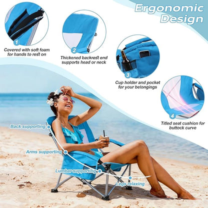HaSteeL Low Beach Chairs for Adults, Lightweight Camping Folding Chair with Carrying Bag, Portable for Outdoors Lawn Backyard Patio RV Trip Fishing Sport Tailgating, Support 300LBS, Blue, 2 Pack