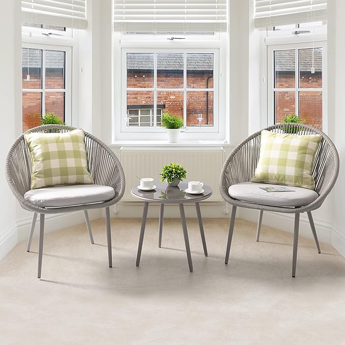 NUU GARDEN 3 Piece Outdoor Bistro Set, Woven Rope Conversation Patio Set, All Weather Patio Furniture Chairs and Table with Cushions for Garden, Deck, Backyard, Balcony, Porch, Beige