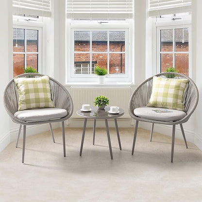 NUU GARDEN 3 Piece Outdoor Bistro Set, Woven Rope Conversation Patio Set, All Weather Patio Furniture Chairs and Table with Cushions for Garden, Deck, Backyard, Balcony, Porch, Beige