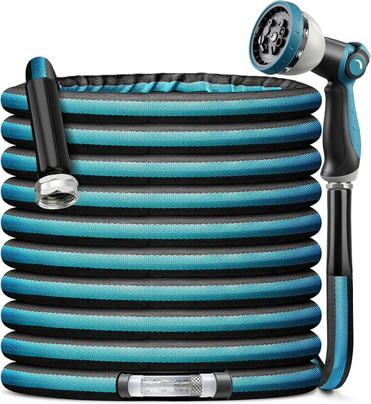 Garden Hose Water Hose 100ft Lightweight Flexible, Kink-Free Outdoor 3/4" Rustproof Metal Fittings, 10-Pattern 360° Rotating Spray Nozzle for Yard Lawn Car Wash