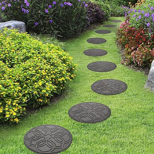 Garden Central TierraVerde 4-Pack 18”x18” Fake Pendant Rubber Stepping Stones, Round, Grey – Reversible Non-Slip Outdoor Faux Decorative Set for Landscaping – DIY Decor for Walkways & Yard Pathways