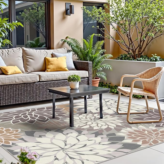 Colorful 5x8 Outdoor Area Rug Washable Multicolored Patio Rug Tropical Botanical Floral Chenille Waterproof Outdoor Carpet for Living Room, Deck, Backyard, Porch, Taupe