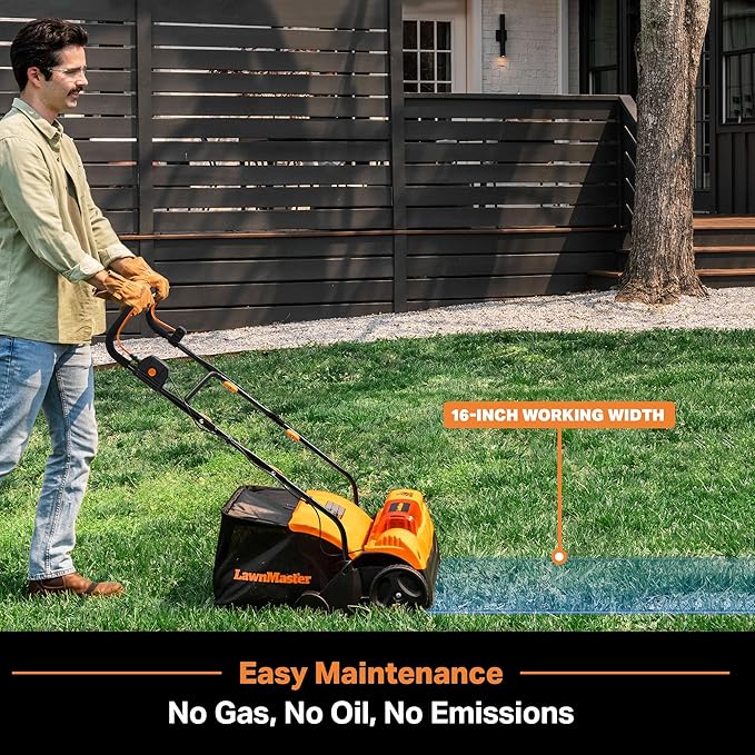 LawnMaster 48V MAX Brushless 16” 2-in-1 Cordless Dethatcher and Scarifier with Removable Thatch Collection Bag Quick-Fold – CLGVB4816