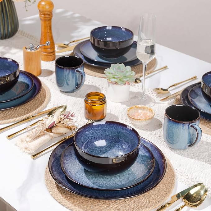 LERATIO Ceramic Dinnerware Sets for 4,16-Piece Reactive Glaze Plates and Bowls Set with Mugs,Highly Chip and Crack Resistant | Dishwasher,Microwave & Oven Safe Dishes set-Blue