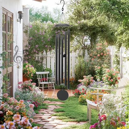 65" Extra Large Wind Chimes with Outside Deep Tone, 5 Thick and Bold Aluminum Tubes, Coolest Metal Windchimes Outdoors with Pine Wood Striker, Unique Gift for Mom, Garden Decoration(Black)