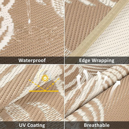 Pauwer Waterproof Outdoor Rug 8ft, Reversible Plastic Straw Patio Camping Rug, Indoor Outdoor RV Mat Carpet for Deck, Camper, Porch, Balcony, Backyard, Picnic, Leaf Brown