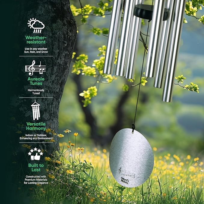 Nature’s Melody Aureole Tunes Wind Chimes – Outdoor Windchime with 6 Tubes Tuned to E Pentatonic Scale, 100% Rustproof Aluminum, Powder Finish & S Hook Hanger for Sympathy, Memorial Gift or Zen Garden