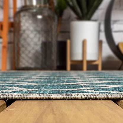JONATHAN Y Moroccan Trellis Indoor Outdoor Round Area Rug 6 Ft Teal/Gray, Trebol Textured Weave for Backyard, Patio, Porch, Easy-Cleaning, High Traffic, Pet-Friendly, Non-Shedding (SMB109E-6R)