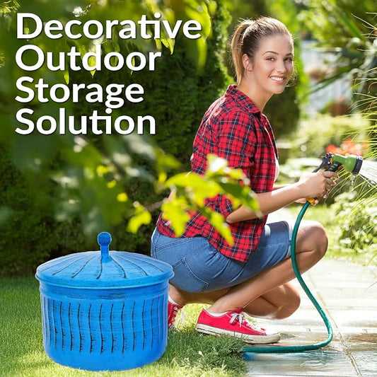 Sunnydaze Metal Garden Hose Pot for Outside with Lid - UV-Resistant 145-Foot Outdoor Hose Holder - Blue Patina Finish