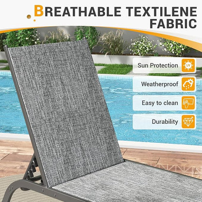 UDPATIO Chaise Lounge Outdoor Set of 3, Aluminum Lounge Chair, 5 Adjustable Position Backrest Pool Lounger with Wheels and Side Table for Patio Pool Patio (Grey)