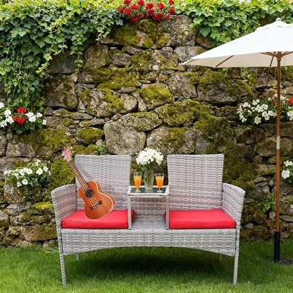 Outdoor Wicker Loveseat with Built-in Coffee Table, Patio Rattan Chair Conversation Set with Soft Cushions & Free Dust Cover for Lawn, Garden, Backyard (Grey Wicker & Red Cushions)