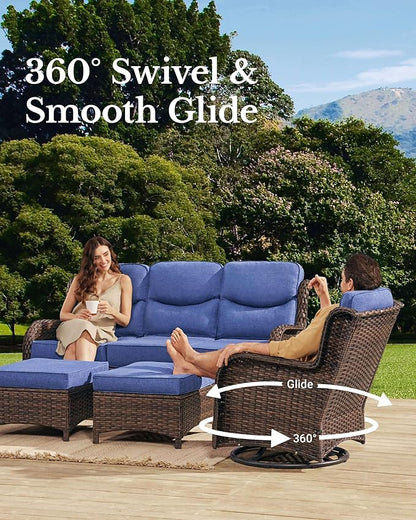 HILLGA Luxury Patio Furniture Set with 6-Inch Thick Cushions, High Back Outdoor Swivel Rocker Chairs Patio Loveseat and Couch, 6-Piece All Weather Conversation Set for Porch Deck Pool Yard, Blue (V3)