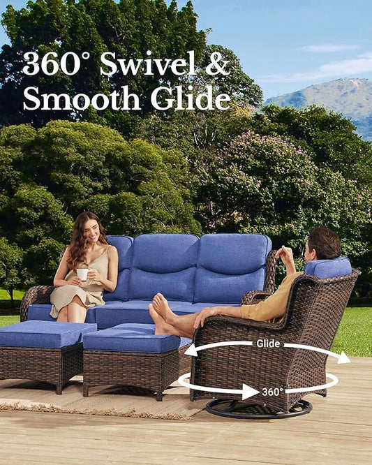 HILLGA Luxury Patio Furniture Set with 6-Inch Thick Cushions, High Back Outdoor Swivel Rocker Chairs Patio Loveseat and Couch, 6-Piece All Weather Conversation Set for Porch Deck Pool Yard, Blue (V3)