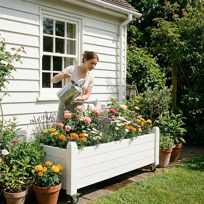 Raised Garden Bed with Wheels Outdoor, Resin Planter Box with Drain Hole and Water Level Detector for Backyard, Patio, Balcony(White)