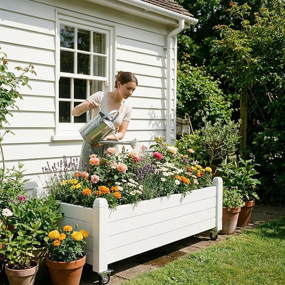 Raised Garden Bed with Wheels Outdoor, Resin Planter Box with Drain Hole and Water Level Detector for Backyard, Patio, Balcony(White)