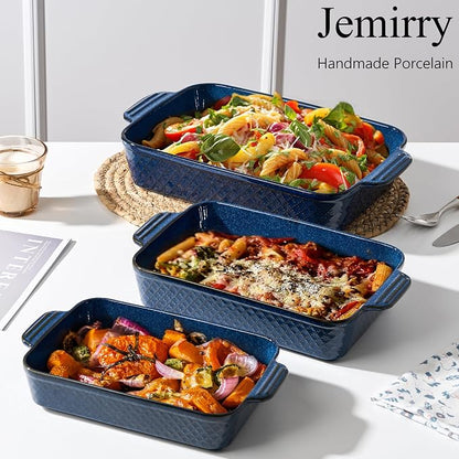 Ceramic Baking Dish Set of 3, Casserole Dishes for Oven, Square Porcelain Bakeware Set with Handles, Lasagna Baking Pan for Cooking, Perfect for Baking and Serving, Housewarming, Halloween, Thanksgiving, Christmas, New Year- Blue