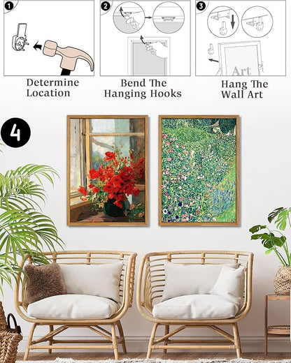 UPWOIGH 16x24 in Large Framed Wall Art, Red Poppies by the Window Oil Painting Canvas, Vintage Farmhouse Rustic Decor, Red Flowers Print, Antique Wall Decor for Living Room Bedroom, 1 Pack Gift