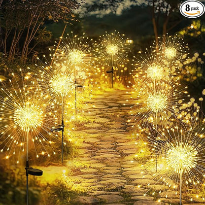 GIGALUMI Garden Decor Outdoor Lights 120LED 8Pack, Solar Garden Lights Outside Fairy Firework Decorative,Solar Powered for Yard Pathway Flowerbed Planter Balcony Patio 4th of July Decor (Warm White