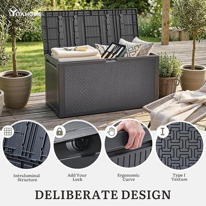 YITAHOME 95 Gallon Large Outdoor Deck Box, Lockable Waterproof Resin Storage Box with Handles, Weatherproof & UV Resistant, Patio Garden Tool Container for Outdoor Furniture, Dark Grey