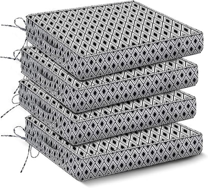 Outdoor Chair Cushions Set of 4,Waterproof Outdoor Seat Cushions for Patio Furniture,Patio Chair Cushion with Handle and Ties, Out Door Chair Pads,17" x 16" x 2", Black Geometry