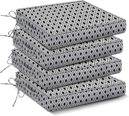Outdoor Chair Cushions Set of 4,Waterproof Outdoor Seat Cushions for Patio Furniture,Patio Chair Cushion with Handle and Ties, Out Door Chair Pads,18.5" x 16" x 3", Black Geometry