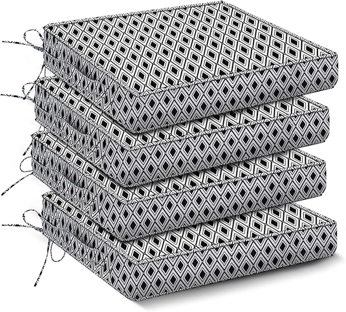 Outdoor Chair Cushions Set of 4,Waterproof Outdoor Seat Cushions for Patio Furniture,Patio Chair Cushion with Handle and Ties, Out Door Chair Pads,19" x 19" x 3", Black Geometry
