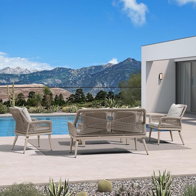PURPLE LEAF 4-Piece Patio Conversation Set – Wicker Outdoor Furniture with Aluminum Table, 3 Rattan Chairs for 4 People, Thick Sofa Cushions, Ideal for Garden, Backyard, Lawn, or Poolside, Champagne