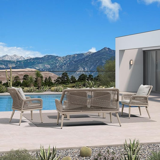 PURPLE LEAF 4-Piece Patio Conversation Set – Wicker Outdoor Furniture with Aluminum Table, 3 Rattan Chairs for 4 People, Thick Sofa Cushions, Ideal for Garden, Backyard, Lawn, or Poolside, Champagne