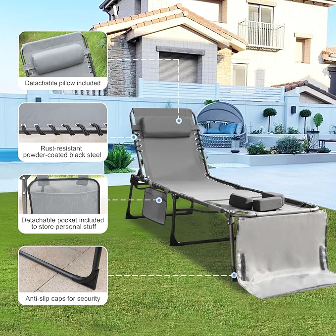 Outdoor Chaise Lounge Chair with Face Hole and Arm Hole, Tanning Chair with 5 Position Adjustable Back, Foldable Lounge Chair with Detachable Pocket and Pillow for Beach, Pool, Gray